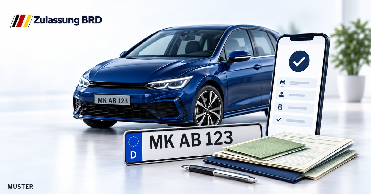 Online Fahrzeugzulassung in Plettenberg: Musterkennzeichen MK AB 123, Auto und Fahrzeugpapiere und Smartphone. Illustration mit Logo von Zulassung BRD.